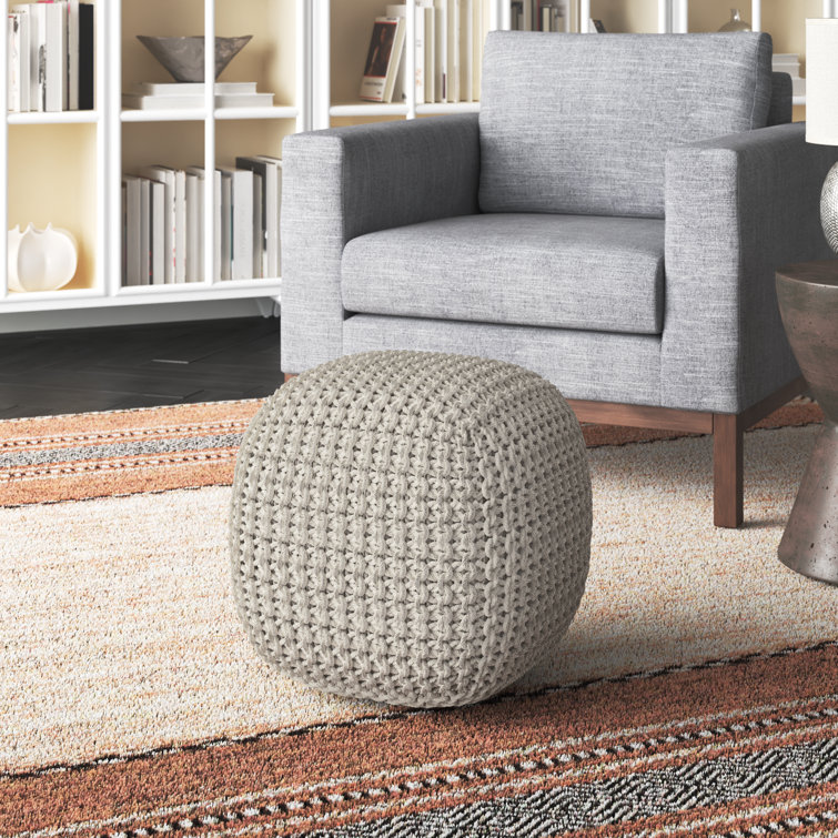 Beige Cotton Woven Square Pouf Ottoman