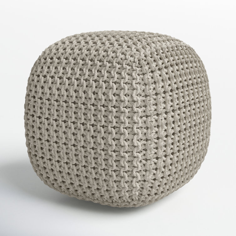 Beige Cotton Woven Square Pouf Ottoman