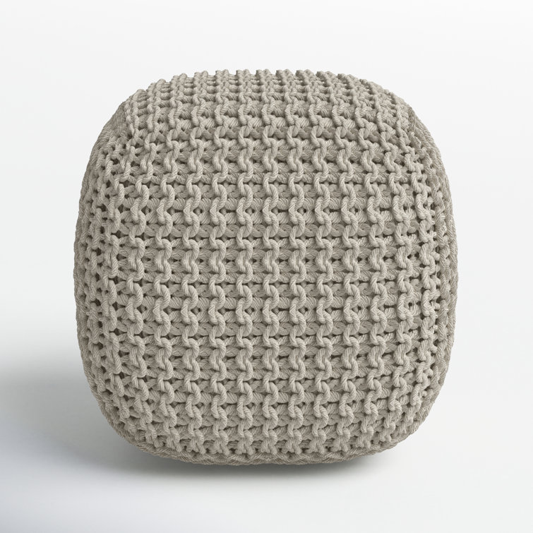 Beige Cotton Woven Square Pouf Ottoman