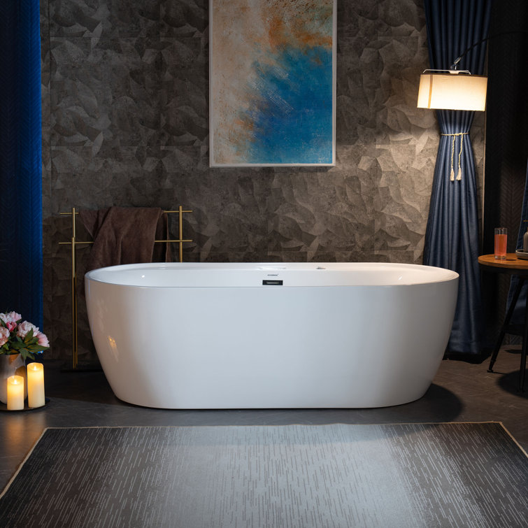 72" White Acrylic Freestanding Heated Whirlpool Tub