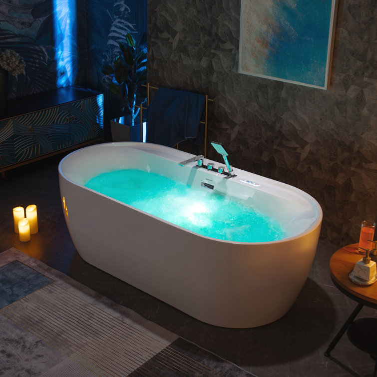 72'' White Acrylic Freestanding Heated Whirlpool Tub