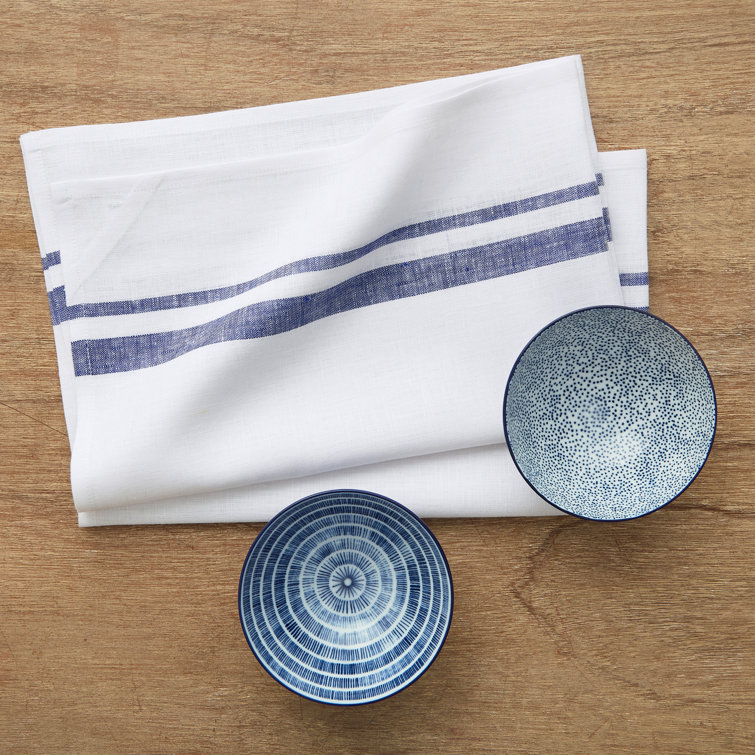 White and Navy French Stripe Linen Kitchen Towel Set