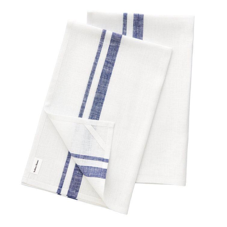 White and Navy French Stripe Linen Kitchen Towel Set
