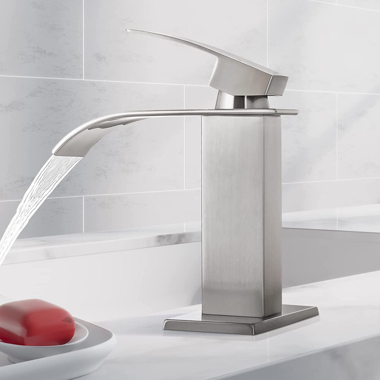 Brushed Nickel Single-Handle Low Arc Bathroom Faucet with Drain