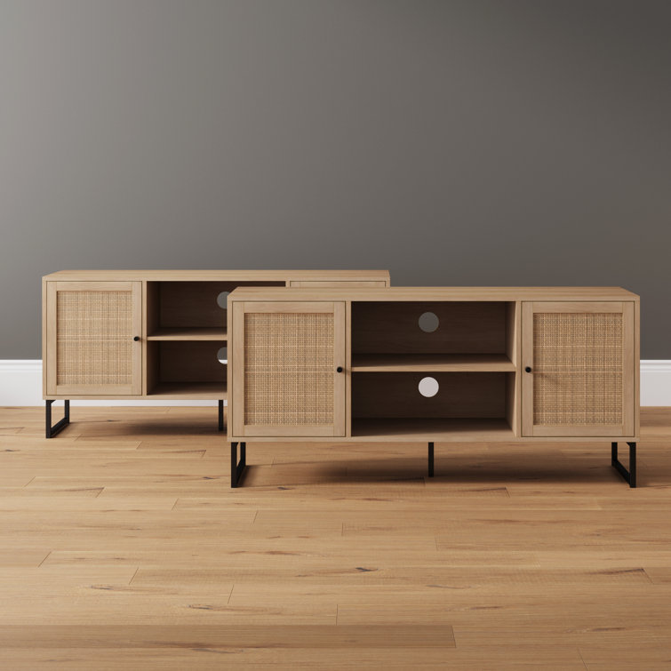 Mina Light Oak and Rattan TV Stand Set with Matte Black Accents