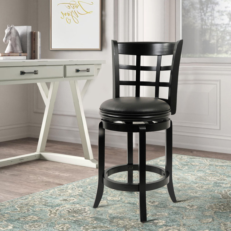 Elegant Sabi 24" Swivel Counter Stool in Black Vegan Leather and Solid Wood
