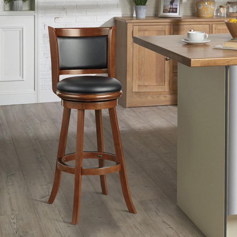 Cherry Brown Extra Tall Swivel Bar Stool with Black Faux Leather