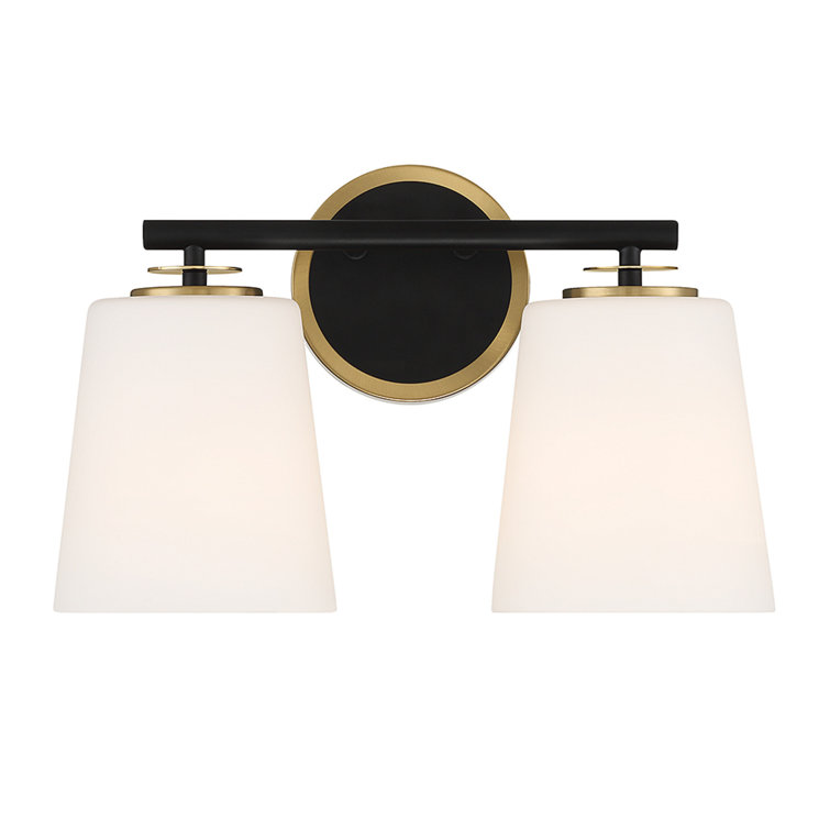 Matte Black and Brass 2-Light Bathroom Vanity with Frosted Glass Shades