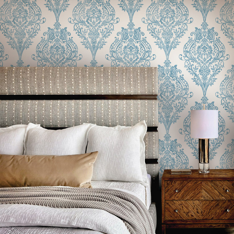 Coastal Blue Damask Non-Pasted Repositionable Wallpaper