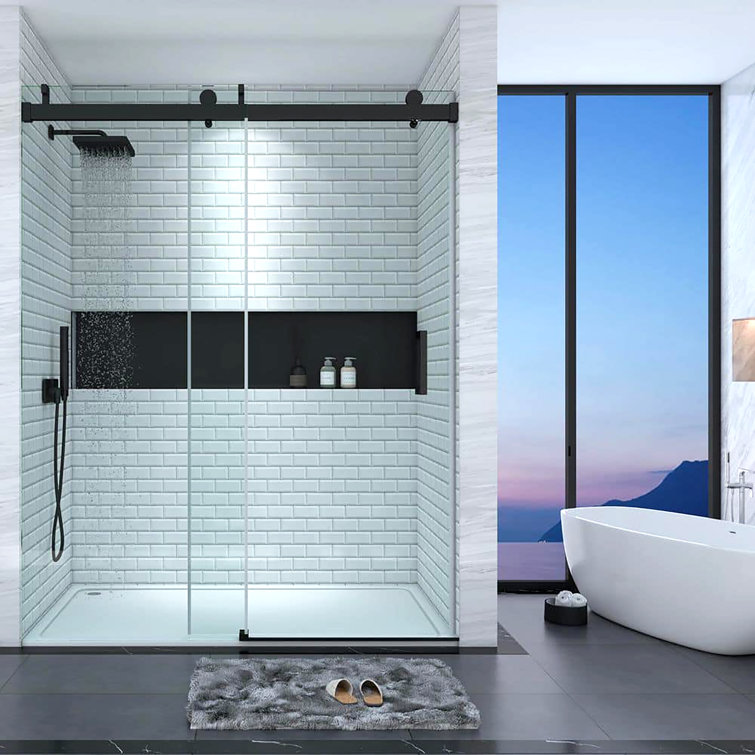 60'' Matte Black Frameless Sliding Shower Door with Clear Glass