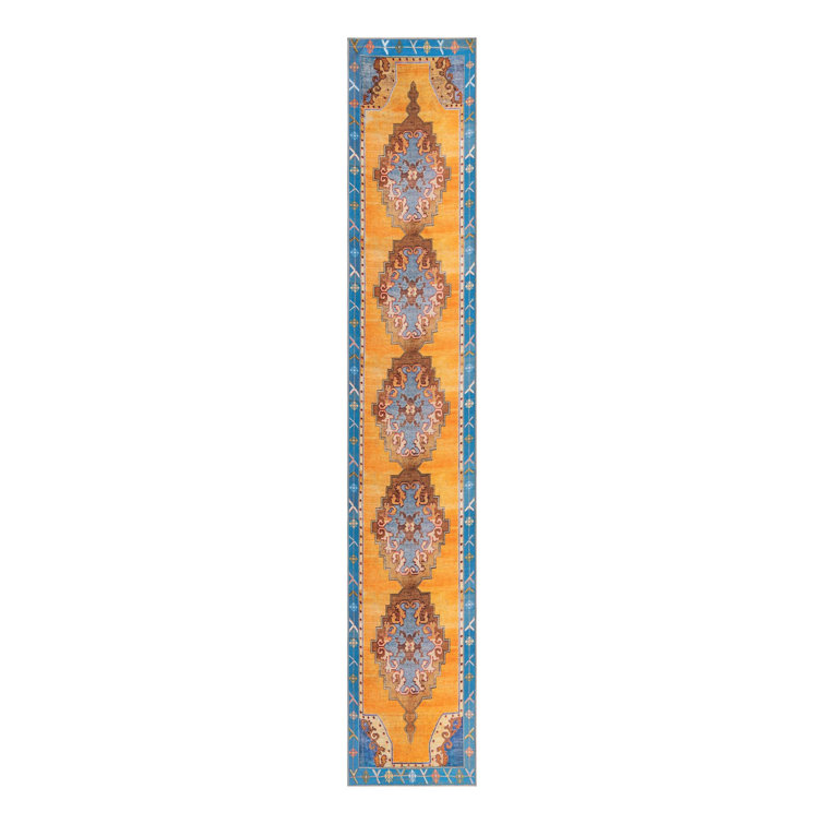 14 ft Orange and Blue Synthetic Chenille Runner Rug