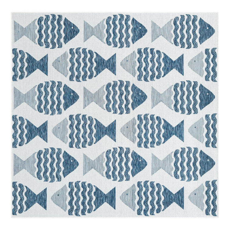 Navy Blue and Gray Square Synthetic Outdoor Rug