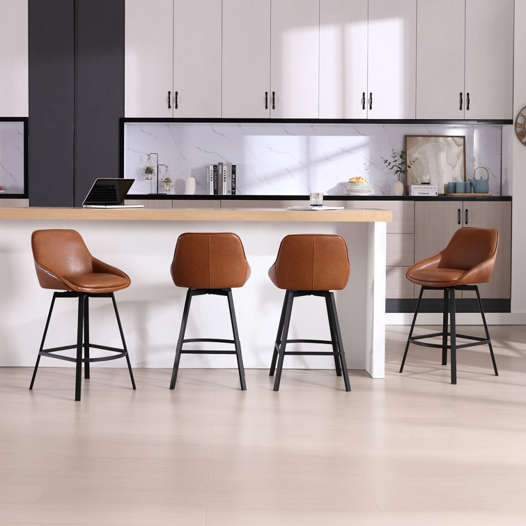 Brown Faux Leather Swivel Counter Stools with Steel Base, Set of 2