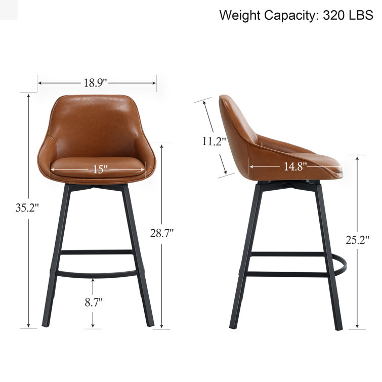 Brown Faux Leather Swivel Counter Stools with Steel Base, Set of 2