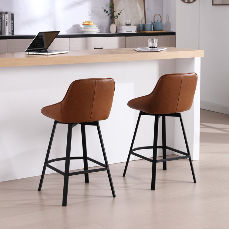 Brown Faux Leather Swivel Counter Stools with Steel Base, Set of 2