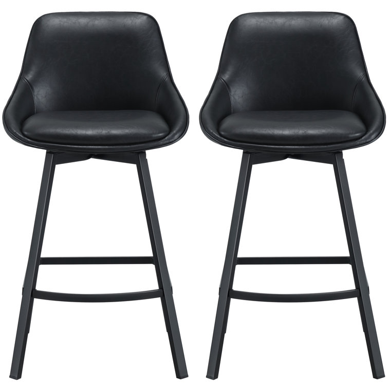 Black Faux Leather Swivel Counter Stools with Steel Legs, Set of 2