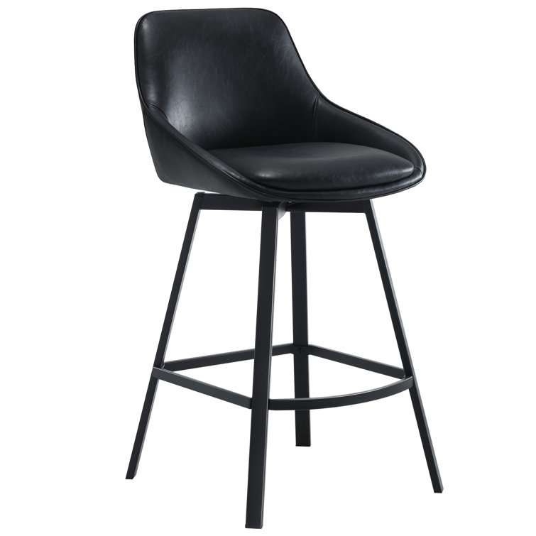 Black Faux Leather Swivel Counter Stools with Steel Legs, Set of 2