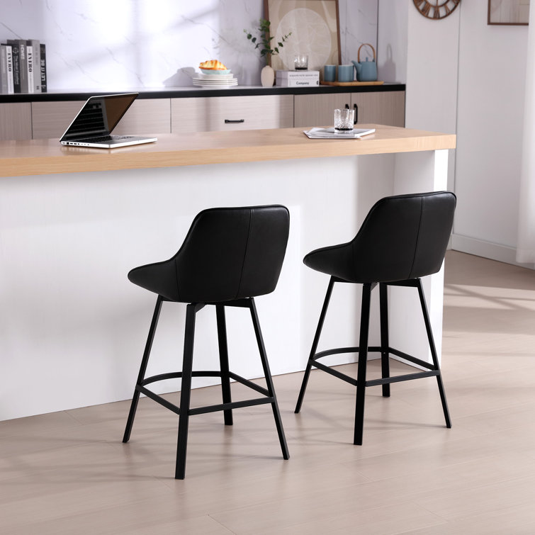 Black Faux Leather Swivel Counter Stools with Steel Legs, Set of 2