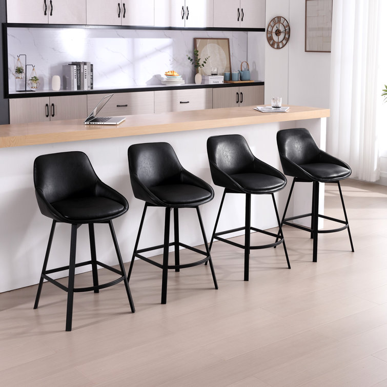 Black Faux Leather Swivel Counter Stools with Steel Legs, Set of 2