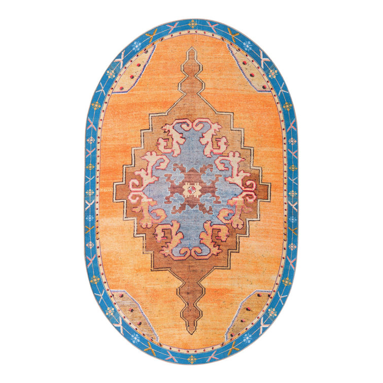 Timeless Orange and Blue Oval Chenille Rug 5' x 8'