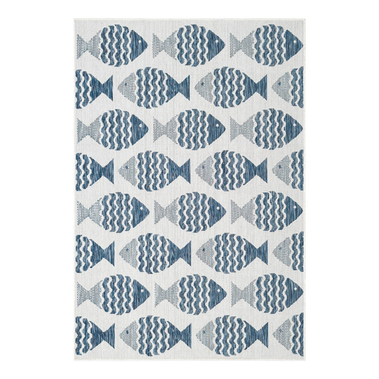 Navy Blue and Ivory Fish Pattern Outdoor Rug, 4' x 6', Synthetic