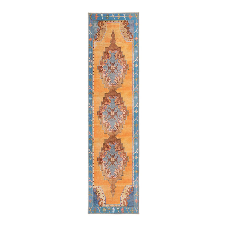 Orange and Blue Flat Woven Chenille Runner Rug