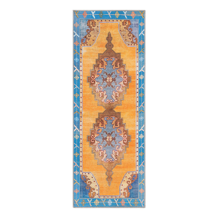Orange and Blue Flat Woven Chenille Runner Rug