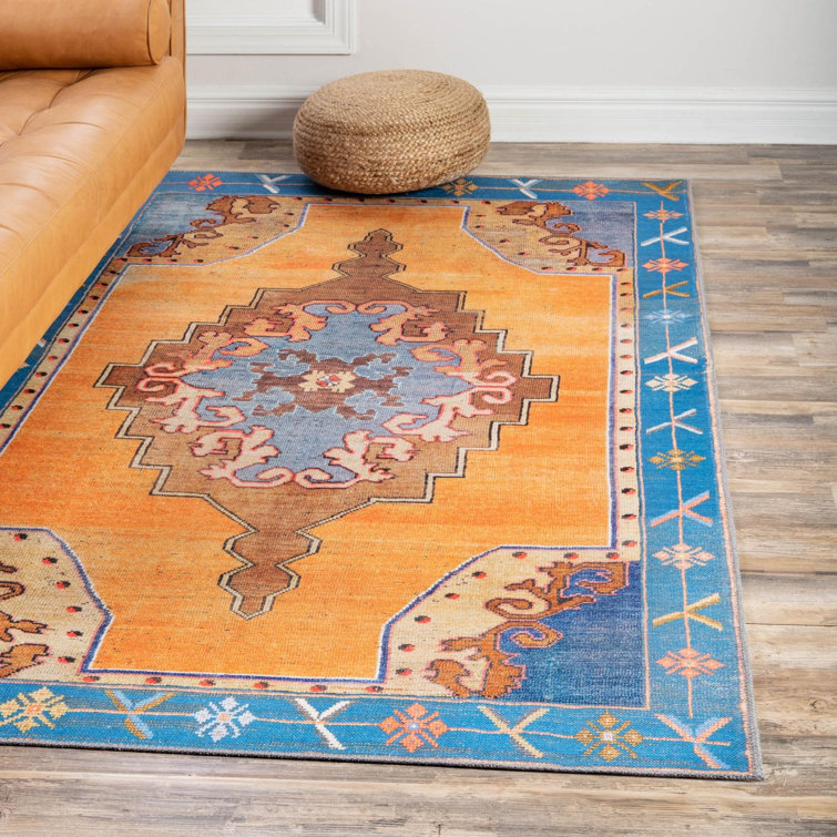 Timeless Orange and Blue Chenille Rectangular Area Rug
