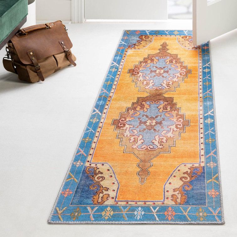 Orange and Blue Flat Woven Chenille Runner Rug