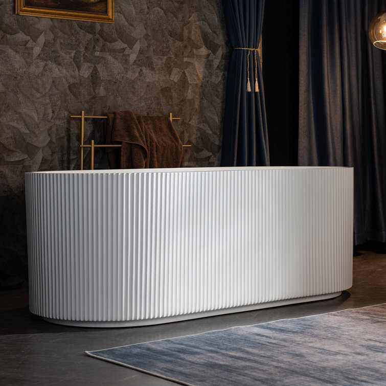 Pavanjit 67" White Acrylic Freestanding Soaking Bathtub with Brushed Gold Drain
