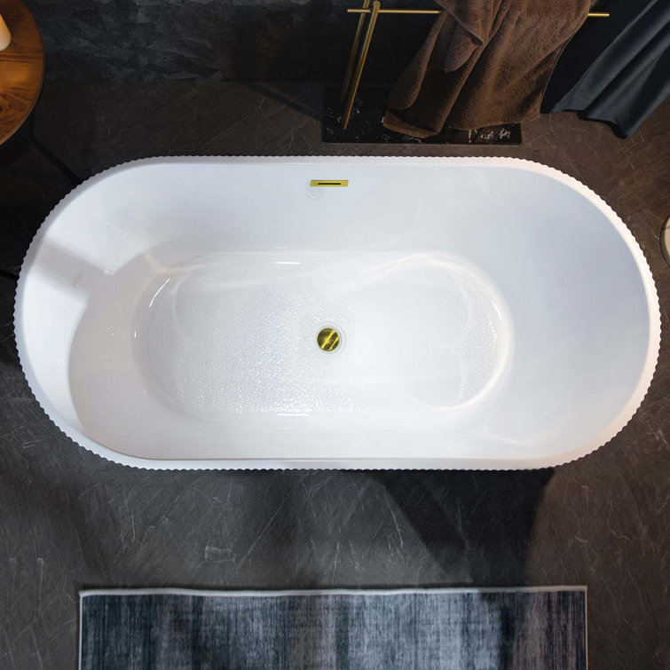 Pavanjit 67" White Acrylic Freestanding Soaking Bathtub with Brushed Gold Drain