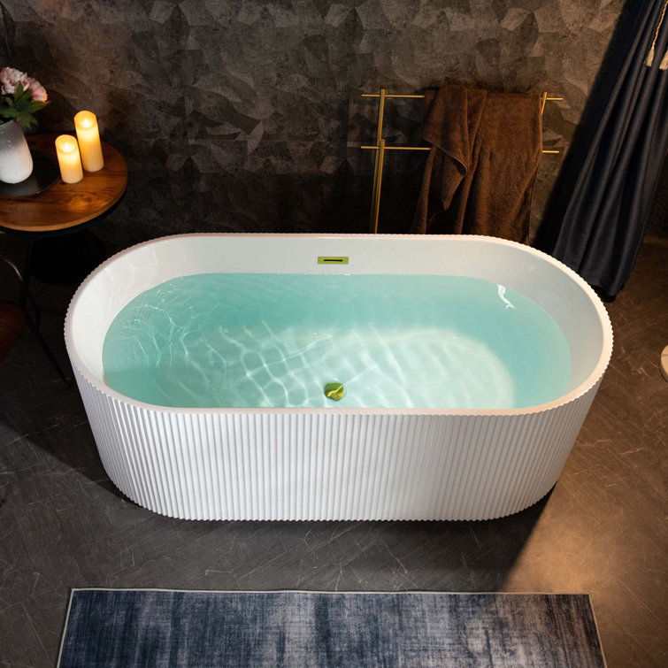 Pavanjit 67" White Acrylic Freestanding Soaking Bathtub with Brushed Gold Drain