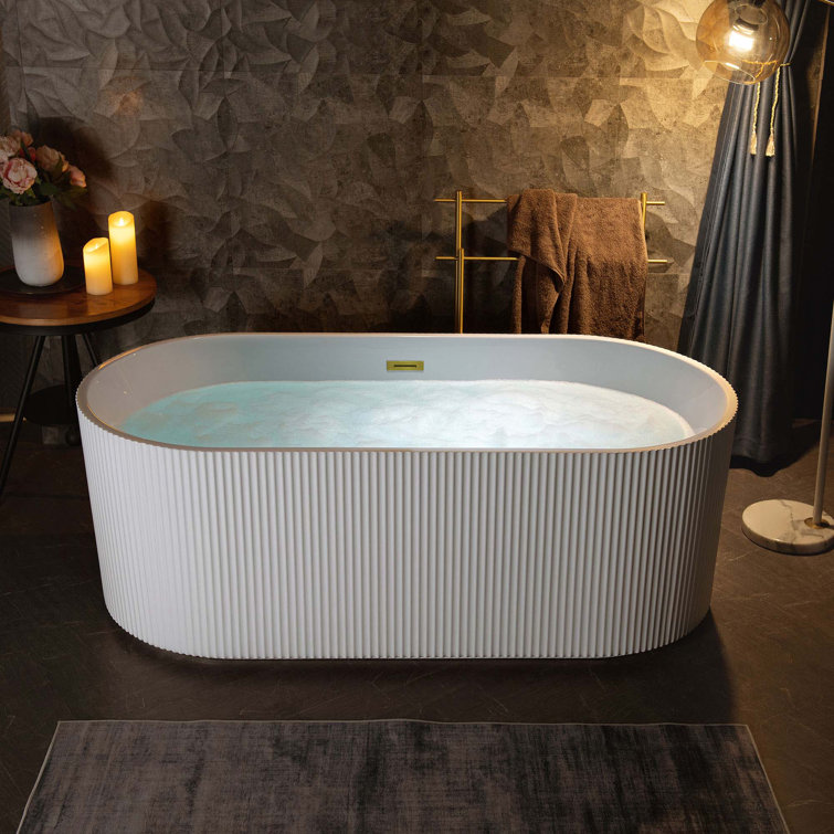 Pavanjit 67" White Acrylic Freestanding Soaking Bathtub with Brushed Gold Drain