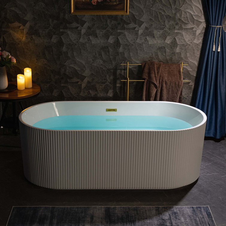 Pavanjit 67" White Acrylic Freestanding Soaking Bathtub with Brushed Gold Drain