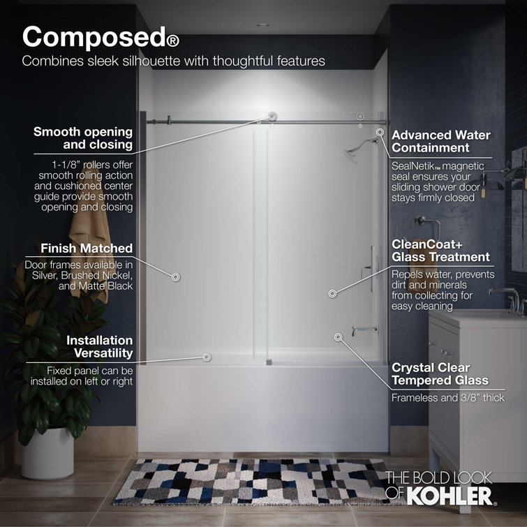 Bright Polished Silver Frameless Sliding Bath Door with Tempered Glass