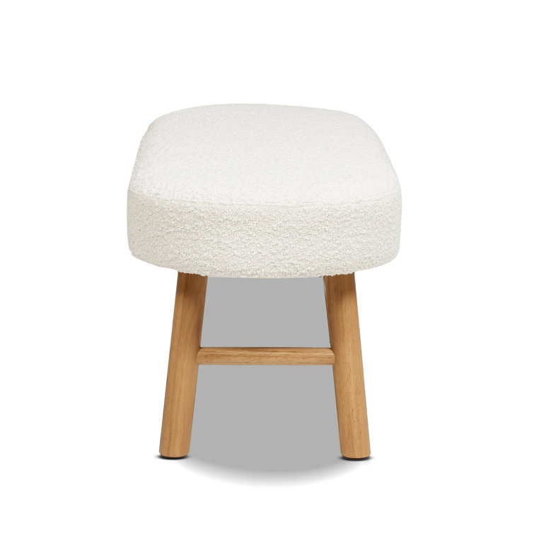 Ivory White Boucle Upholstered Bedroom Bench with Natural Wood Legs