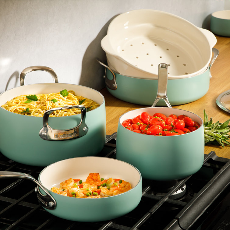 Sage Green 12-Piece Aluminum Non-Stick Cookware Set with Ceramic Steamer Inserts