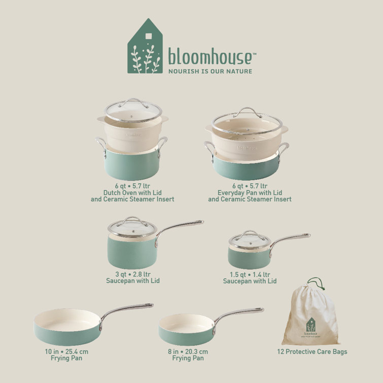 Sage Green 12-Piece Aluminum Non-Stick Cookware Set with Ceramic Steamer Inserts