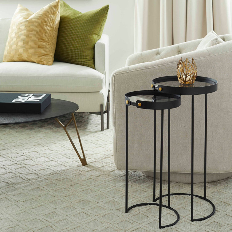 Graphite Round Metal and Glass Tall Nesting Table Set