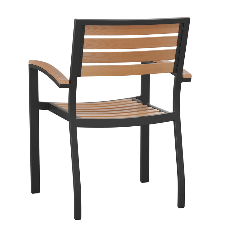 Black Metal and Faux Teak Outdoor Dining Armchair Set