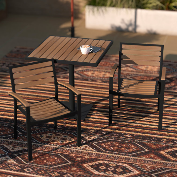 Black Metal and Faux Teak Outdoor Dining Armchair Set