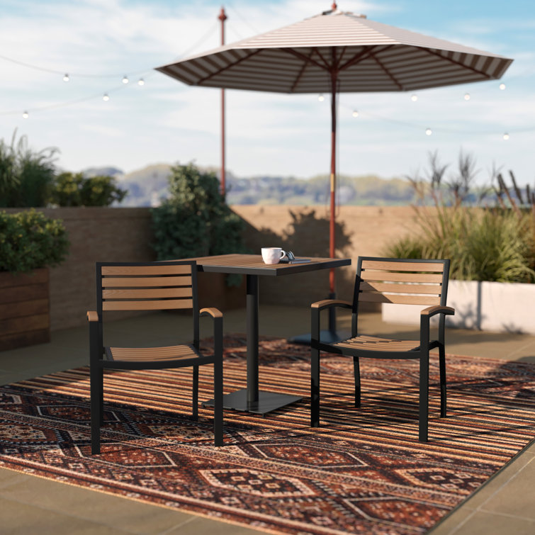 Black Metal and Faux Teak Outdoor Dining Armchair Set