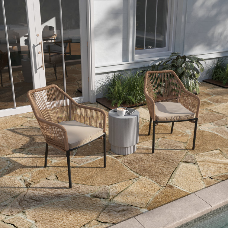 Natural Woven Metal Outdoor Dining Chairs with Cushions