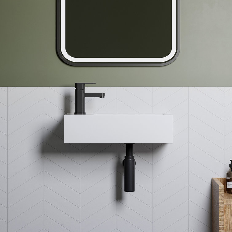 Compact White Ceramic Wall-Mount Bathroom Sink with Left Faucet