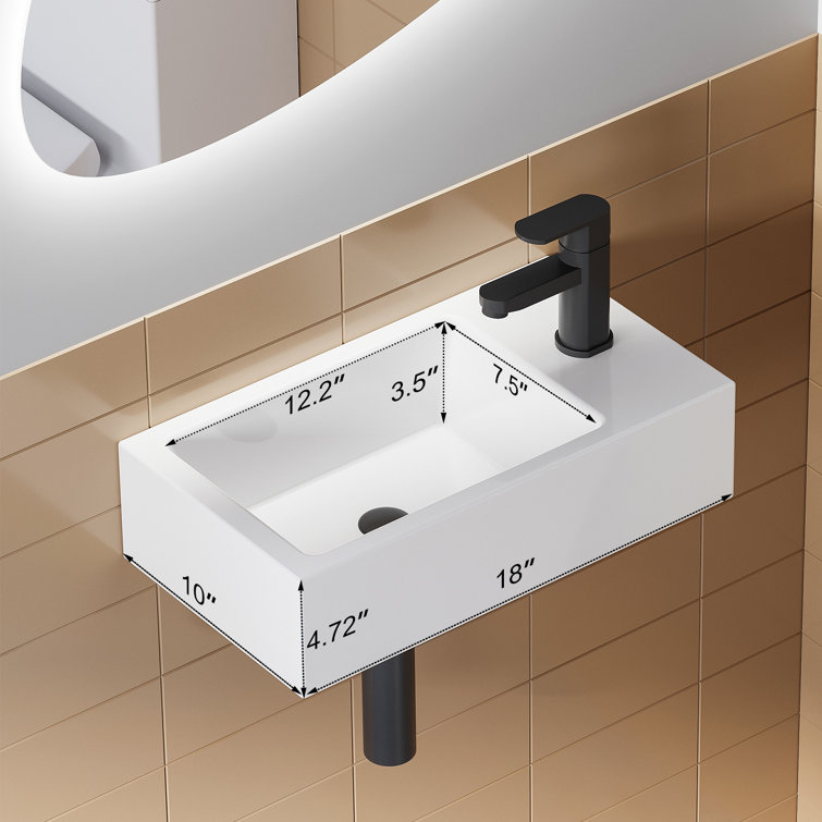 White Ceramic Rectangular Wall Mount Bathroom Sink 18''