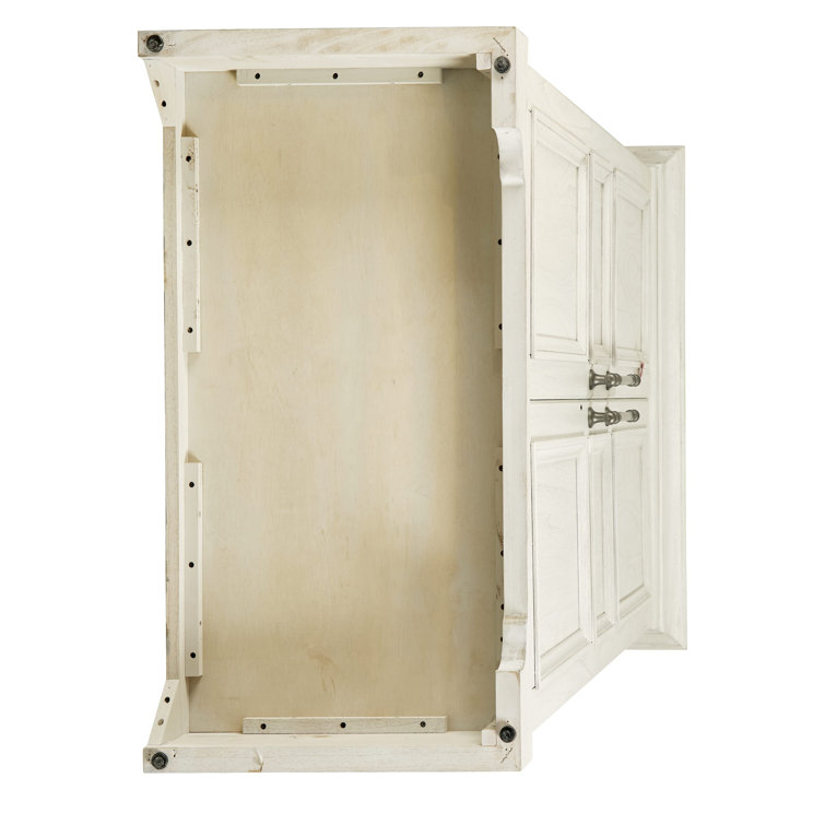 Ivory Oak Distressed Wood Bar Cabinet with Charcoal Gray Pulls