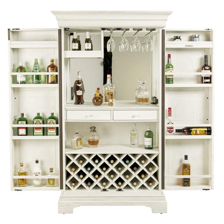 Ivory Oak Distressed Wood Bar Cabinet with Charcoal Gray Pulls