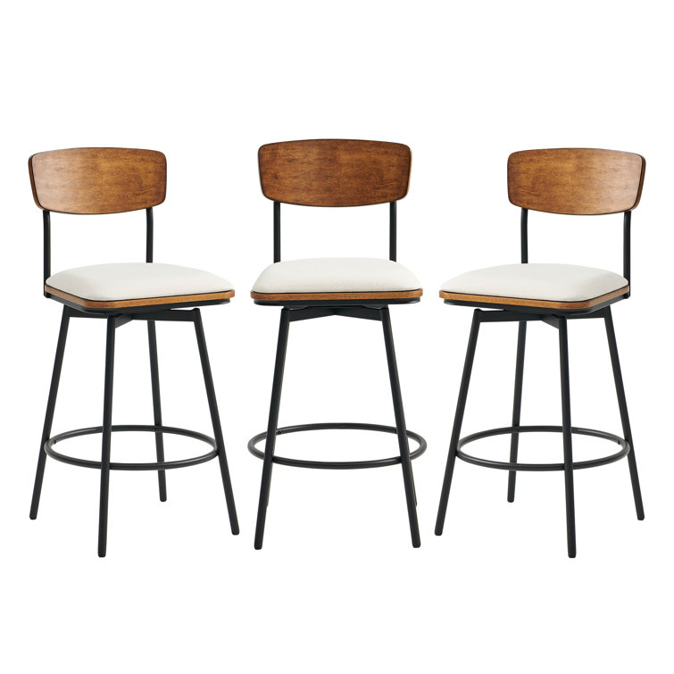 White Linen and Wood Swivel Counter Stools, Set of 3
