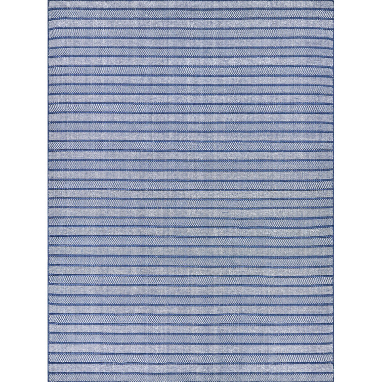 Blue and White Striped Handmade Synthetic Flatweave Area Rug, 9' x 12'