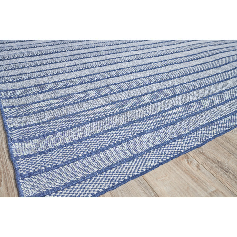 Blue and White Striped Handmade Synthetic Flatweave Area Rug, 9' x 12'